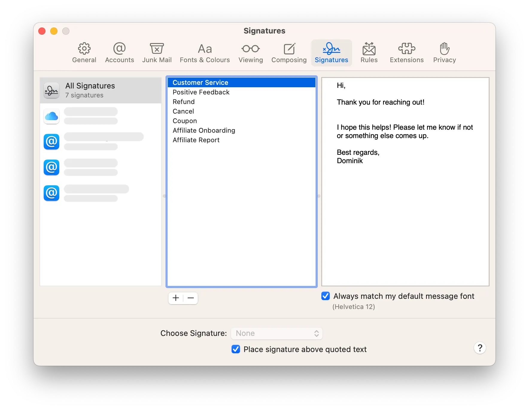 Managing signatures in Apple Mail preferences and assigning them to email accounts