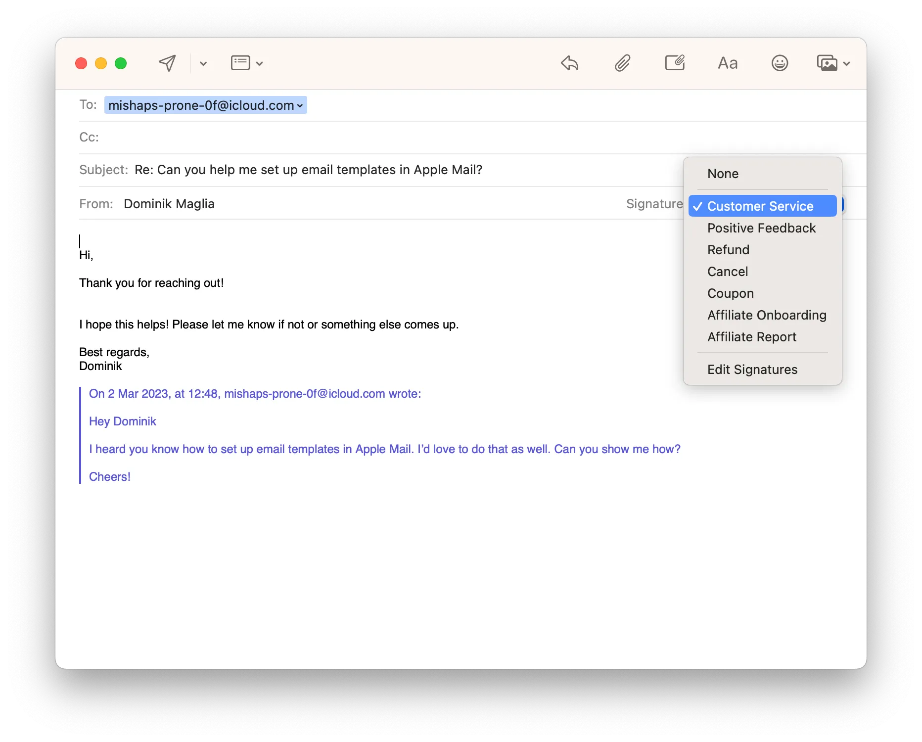 Selecting a saved signature as an email template in the Apple Mail editor