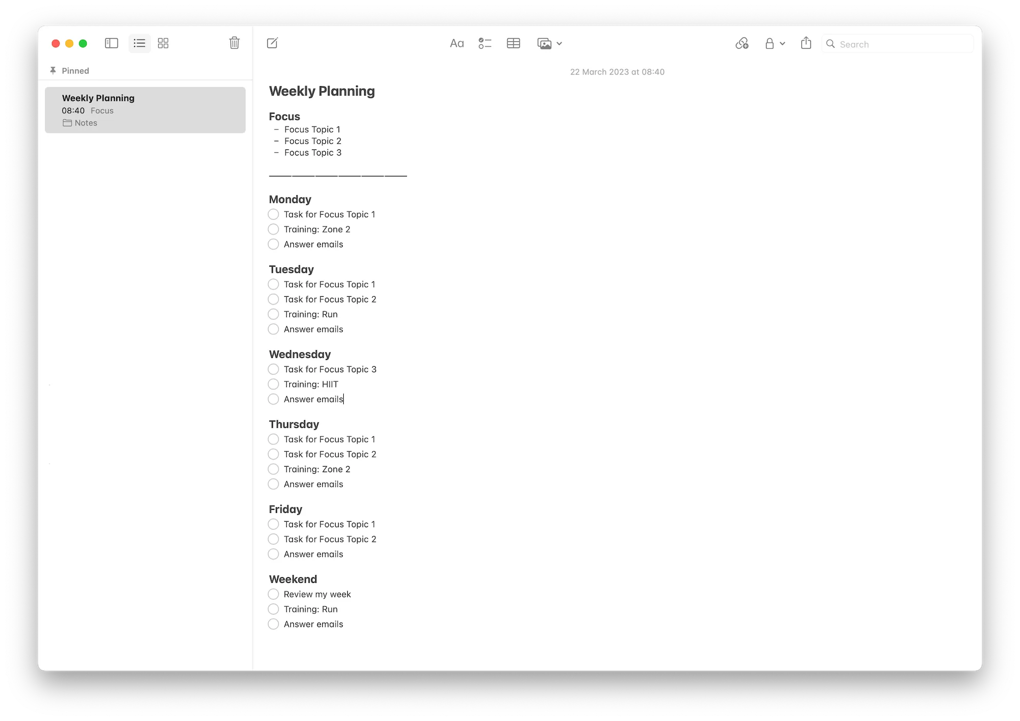 An empty weekly to-do list template in Apple Notes, with a slot for each day
