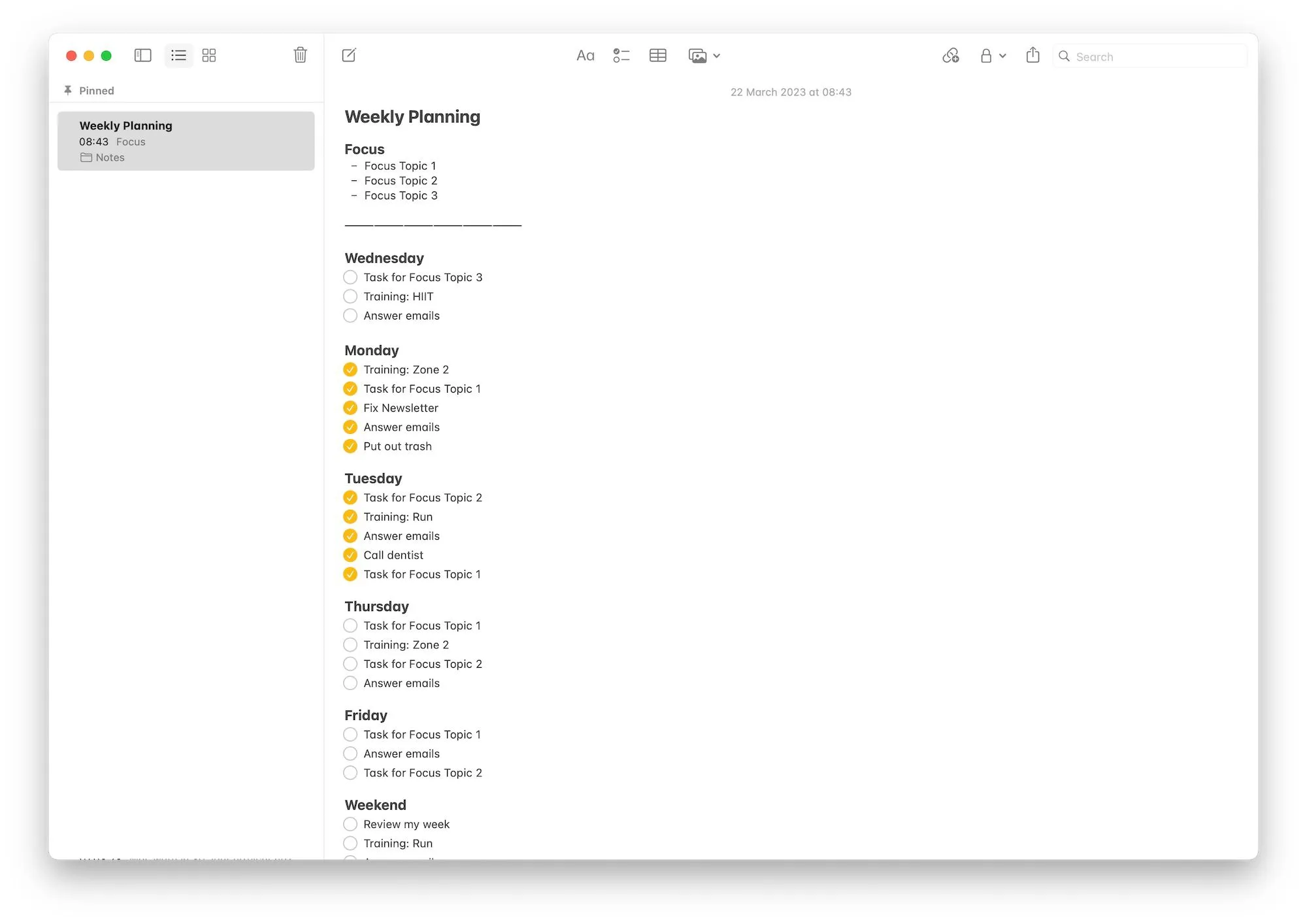 The weekly to-do list partway through the week, with Monday and Tuesday tasks checked off